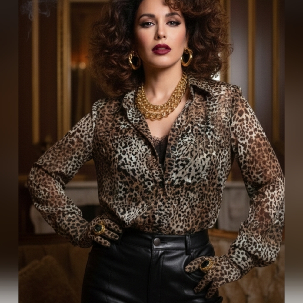 Vintage 80's sheer long sleeve Animal Print Button‎ Blouse Medium Mob wife Glam